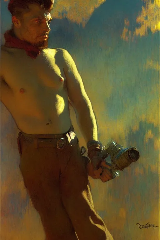 Image similar to fallout, attractive male, cool tint, painting by, gaston bussiere, craig mullins, j. c. leyendecker, edgar degas