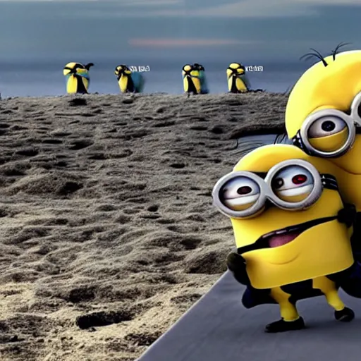 Image similar to “minions landing on D-Day, 4k, award winning”