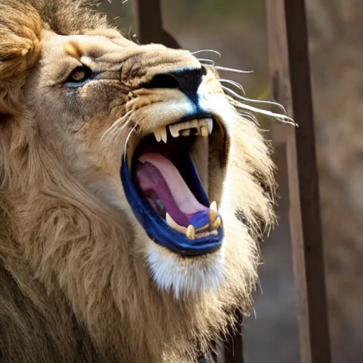 Image similar to lion roaring in cage at the zoo