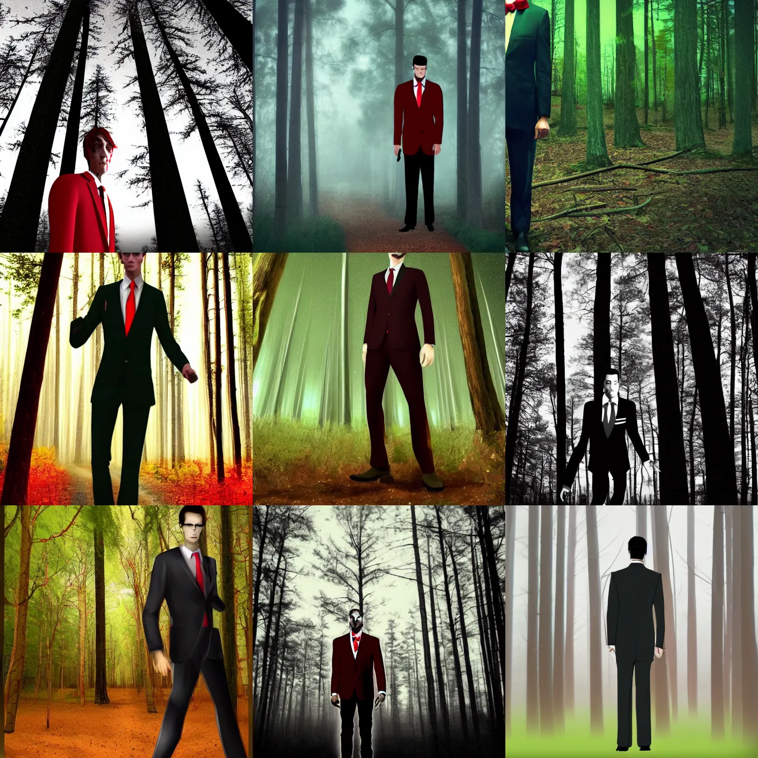 Prompt: a man with tall limbs wearing a suit with red tie caught on midnight trail cam, night, tall trees, morbid, uncanny, artstation