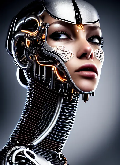 Image similar to a stunning young female cyborg profile face, face is made intricate tribal bio - mechanical, unreal engine, glamor shot, nikon d 7 5 0, closeup, f / 2. 8, low contrast, 1 6 k, rim lighting, optical fiber, cinematic lighting, insanely detailed and intricate, hypermaximalist, elegant, ornate, hyper realistic,