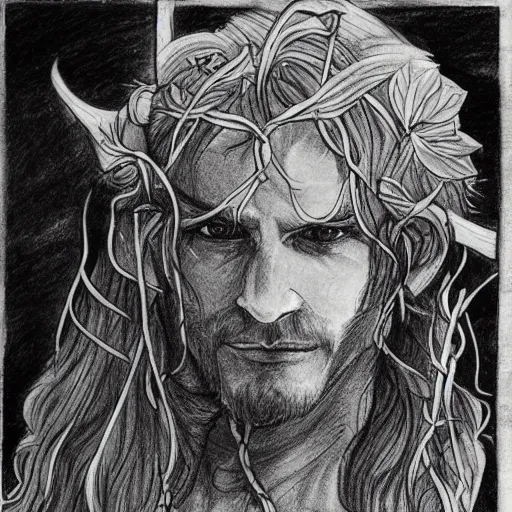 Prompt: male firbolg druid pointy ears with vines as hair hibiscus flowers detailed drawing