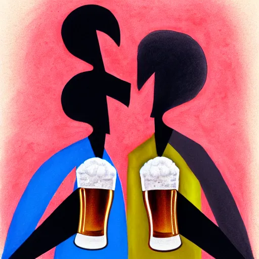 Prompt: two beautiful chad men drinking beers, many hearts, friendship, love, sadness, dark ambiance, concept by Godfrey Blow, featured on deviantart, drawing, sots art, lyco art, artwork, photoillustration, poster art