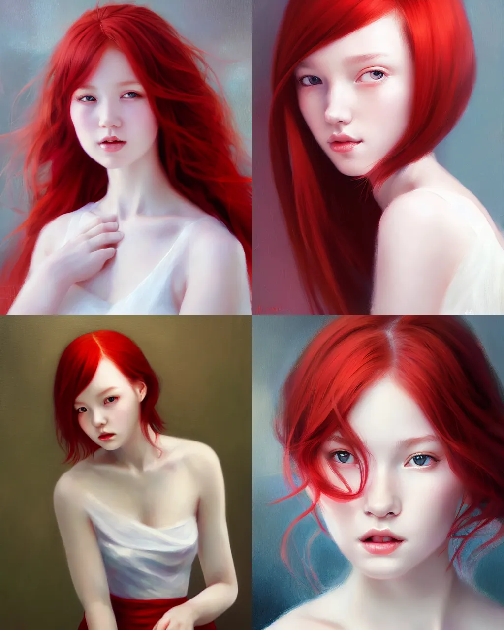 Prompt: girl with red hair and white dress, a beautiful portrait, soft painting, by stanley artgerm lau, wlop, rossdraws, lerapi, and sakimichan