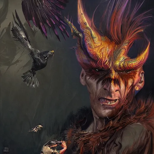 Image similar to jim carrey controlling evil ravens, demonic, evil, satanic, intricate, highly detailed, digital painting, artstation, concept art, smooth, sharp focus, illustration, unreal engine 5, 8 k, art by artgerm and greg rutkowski and alphonse mucha