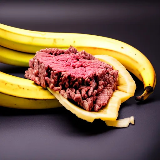 Prompt: a stock photo of ground beef inside a banana peel, product photography, low aperature, award winning