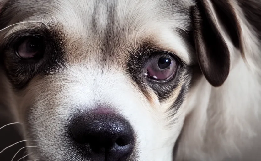 Image similar to studio photography of a sad dog, detailed face, cinematic lighting, 8 k