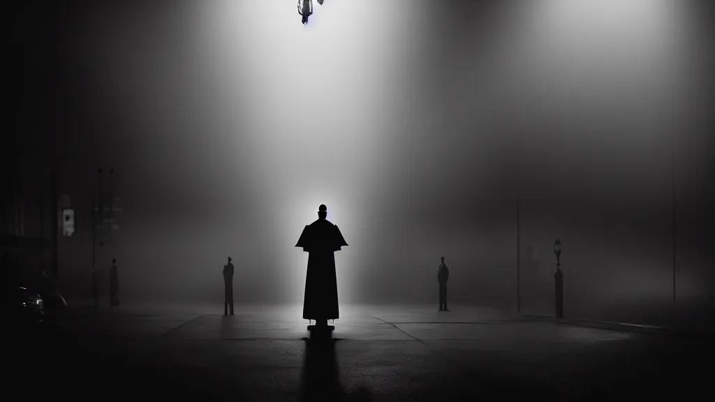 Image similar to a priest stands on a podium in front of a crowd on the street, fog, volumetric lighting, mystique, atmospheric, sharp focus, ultra detailed, noir art house, 4 k, cinematic, 3 5 mm