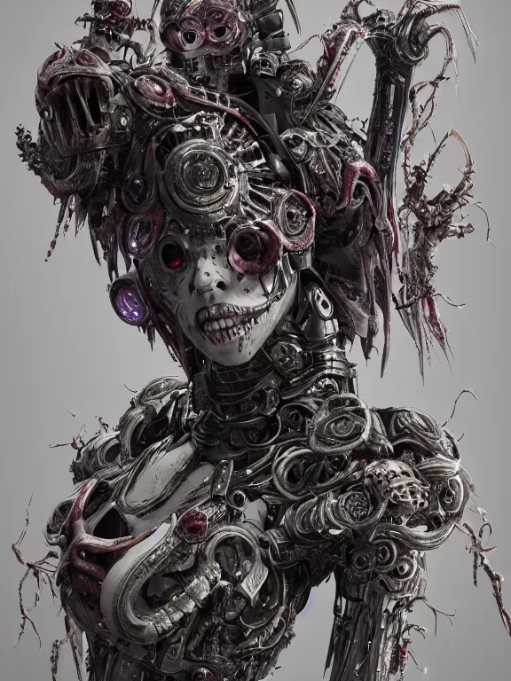 Image similar to portrait art of 8k ultra realistic undead eldritch horror ghost in the shell , detailed intricate ornate armour,decaying, cybernetic, full of colour, cinematic lighting, battered, trending on artstation, 4k, hyperrealistic, focused, extreme details,unreal engine 5, cinematic, masterpiece, art by ayami kojima, giger