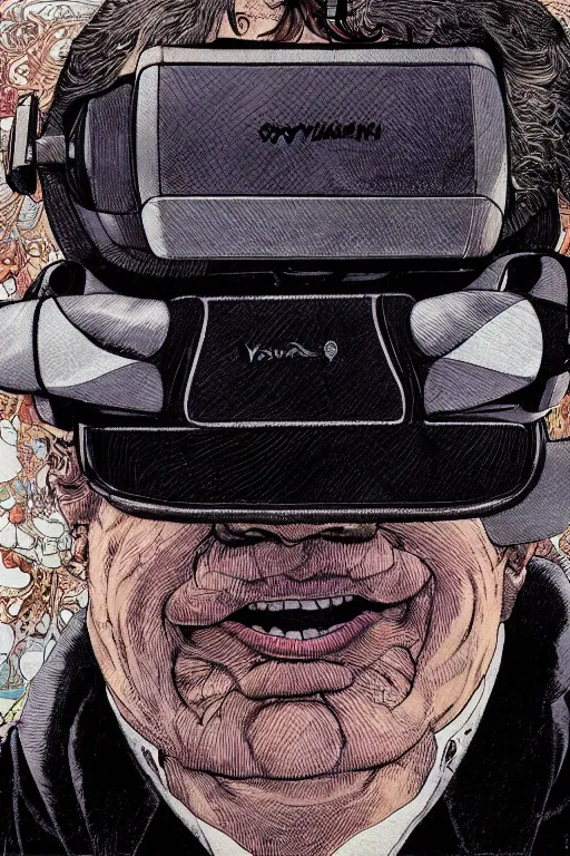 Image similar to portrait closeup of middle aged man wearing vr headset, symmetrical, by yoichi hatakenaka, masamune shirow, josan gonzales and dan mumford, ayami kojima, takato yamamoto, barclay shaw, karol bak, yukito kishiro