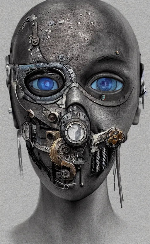 Prompt: face covered by small tools extremely detailed cyberpunk ( steampunk ), day light, realistic shaded,