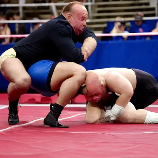 Image similar to alex jones is wearing a leotard and is wrestling on a wrestling mat with Joe Biden wearing an azov battallion uniform, they are both incontinent and have soiled and vomitted on the wrestling mat