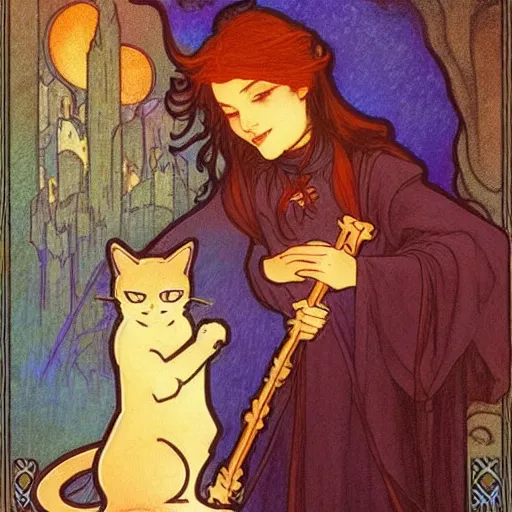 Image similar to female mage is casting a magic spell, with a small cat by her side, d & d, fantasy, magic, mucha style,