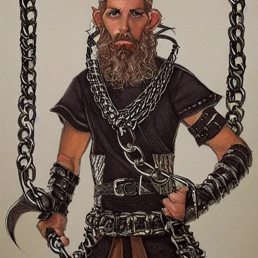 Image similar to an epic portrait of a lanky half elf with a chinstrap beard, clad in a chain mail of wood, drawn by john avon