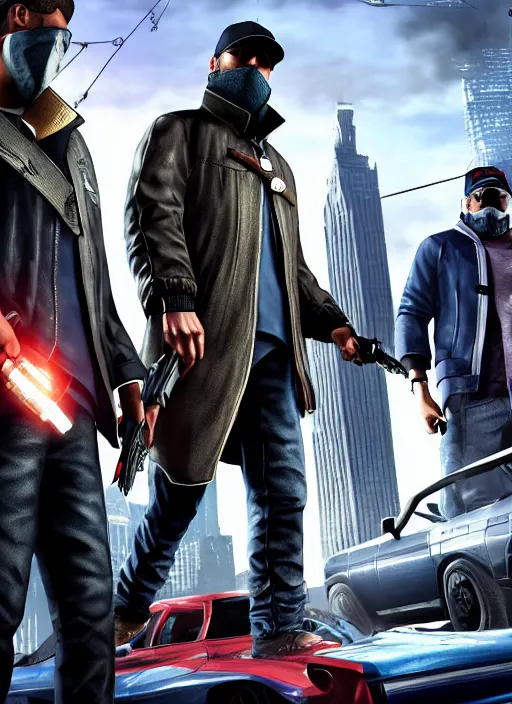 Prompt: watch dogs game crossover with grand theft auto, movie poster, 4 k, sharp, official, best movie ever, aiden pearce, marcus, trevor phillips, carl jhonson, michael de santa