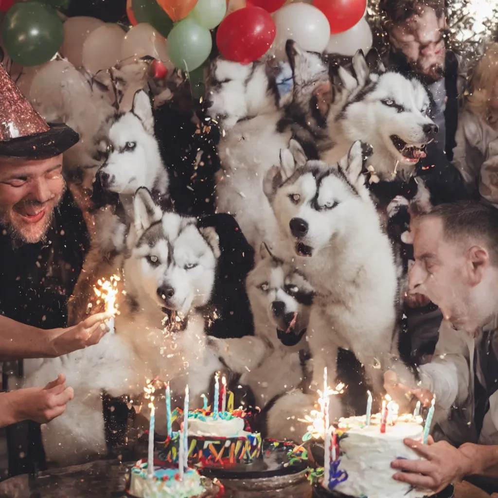 Prompt: a man with the head of siberian husky blowing out candles on a birthday cake