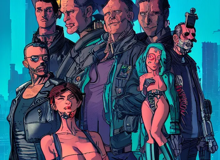 Prompt: cyberpunk heist crew. portrait by stonehouse and mœbius and will eisner and gil elvgren and pixar. character design. realistic proportions. dystopian. cyberpunk 2 0 7 7, apex, blade runner 2 0 4 9 concept art. cel shading. attractive face. thick lines. hi def 4 k. detailed scene.