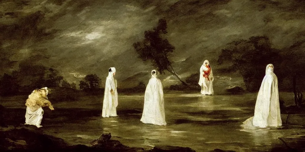 Image similar to hyperrealismBaptism on the river monster spider and girls in white capes landscape in style of Goya