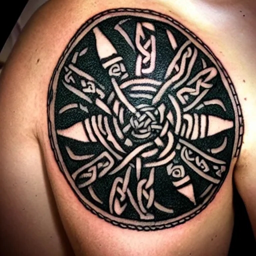 Prompt: tattoo on the shoulder, nordic and celtic, viking with sword and shield in the middle of knotwork, celtic knot band with a viking warrior centerpiece, viking holds a shield frontward and a sword over his head, dark green black ink tattoo