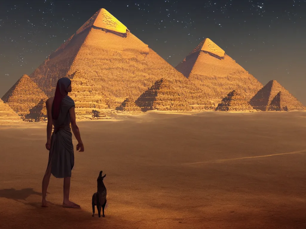 Prompt: photography of an egyptian god standing in front of the giza pyramid, fantasy ,volumetric lighting, intricate, elegant, hyperdetailed matte painting, highly detailed, digital painting, artstation, smooth, sharp focus, illustration, art by Makoto Shinkai and artgerm, hyperrealism, hyperrealistic, cinematic masterpiece, fantasy style 8k ultrahd octane render