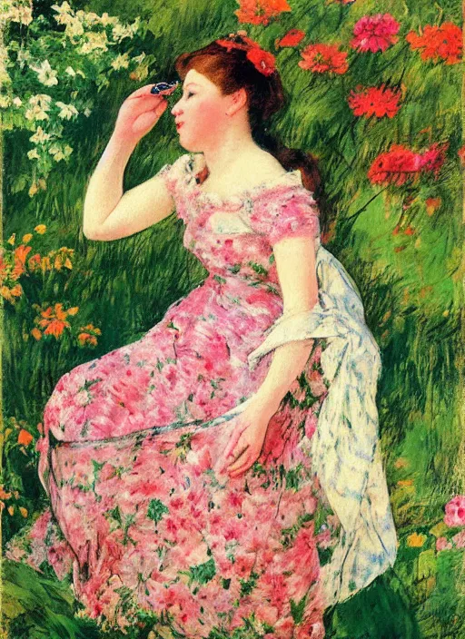 Prompt: vintage beautiful painting of a beautiful woman having a 🏕 in a 🌺💐 land full of overgrown plants in Mary Cassatt style