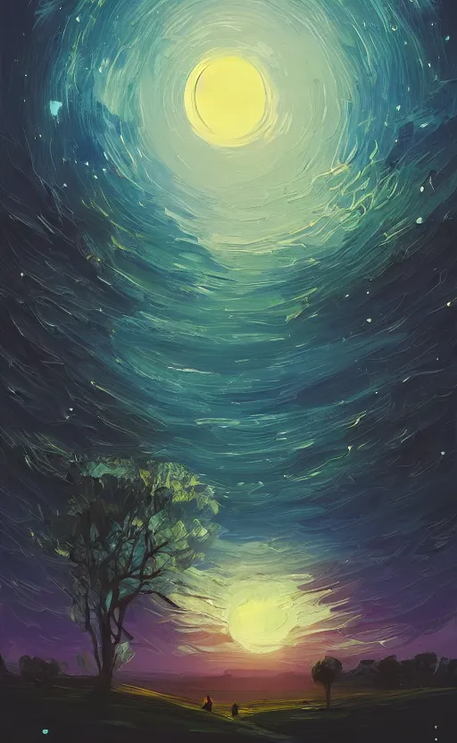 Prompt: a beautiful illustration of the shire at night, art of alena aenami, featured on artstation, vertical orientation, paint brush strokes, expressionism, brushstroke - laden, breathtaking clouds, birds, ocean, beautiful stars, long exposure, big moon radius, airy midnight theme, blue purple gradient, lens flare