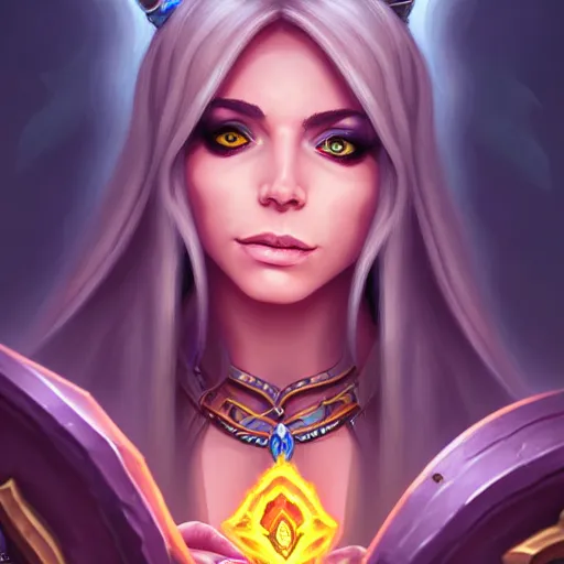 Image similar to Portrait of a sorceress, Hearthstone official trending art, exagerated accurate details, trending on MasterpieceStation in category 'Perfect identical eyes'