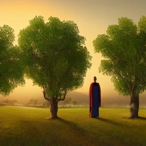Image similar to Four wise scholars standing at the edge of a beautiful orchard at twilight, detailed and realistic matte painting, digital art