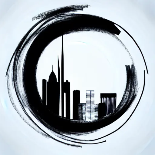 Image similar to a perfect circle, the outer edge of the circle is hugged by the silhouette of a city skyline, black and white, minimalist, in the style of a line drawing