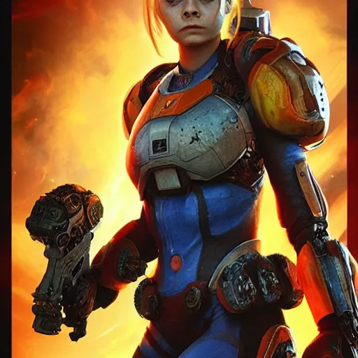 Prompt: movie poster of Cara delevingne as Orange Samus Aran , angry face, screaming, Gears of War cover art, ultra wide lens shot,cinematic lighting, art by Artgerm and Greg Rutkowski and Alphonse Mucha