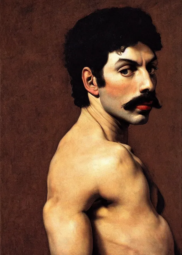Prompt: painting a portrait of muscled Freddie Mercury with very dark black background , in a renaissance style ,Rembrandt lighting scheme ,light dark, dark background , epic, very detailed, painted by Rembrandt, Artemia Gentileschi , Caravaggio, Titian, hyper realistic.