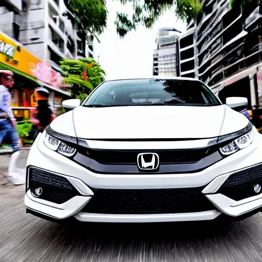 Image similar to a closeup of a white honda civic 2017 hatchback sports in the streets of South Jakarta, daylight