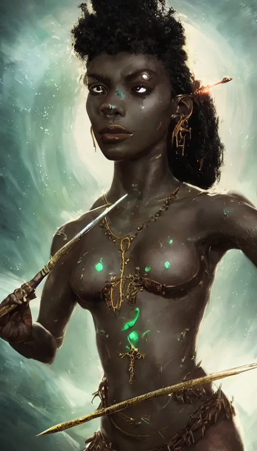 Image similar to epic masterpiece portrait of a dark skin sorceress with a magic wand, on the battlefield, african tribe makeup and jewelry, sweaty skin, hyperrealistic, octane render, cinematic, followed by heads with many faces, beautiful face and flawless skin, perfect hands, emeralds by Edgar Maxence and Ross Tran and Michael Whelan, Legends of Runeterra