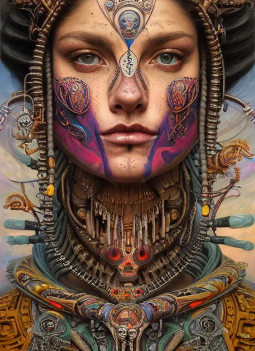 Prompt: hyper detailed masterpiece beautiful aztec face tattoo girl by donato giancola and tom bagshaw, face by artgerm and edmund leighton, and h. r. giger, trending on artstation, colorful, psychedelic aesthetic, ornate, background by james jean, 8 k, biomechanical, majestic, volumetric lighting, porcelain skin, concept art, sharp focus