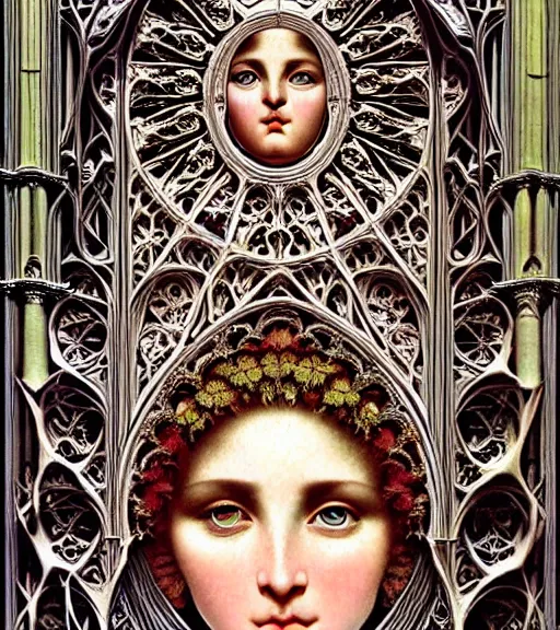 Image similar to hyperrealistic detailed face portrait of a beautiful young goddess morphing into a gothic cathedral, authentic ornamental architecture, intricate and highly detailed, awe inspiring art by ernst haeckel, h. r. giger, alphonso mucha, android jones, james jean, gothic, neo - gothic, heavily ornamental, nice deep colours,