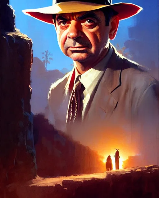 Image similar to rowan atkinson as indiana jones, suave looking, fine details, realistic shaded lighting poster by greg rutkowski, magali villeneuve, artgerm, jeremy lipkin and michael garmash and rob rey