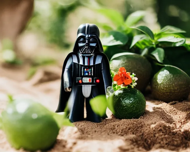 Image similar to 8 5 mm photography of darth vader as an avocado near a garden with sand with dof and bokeh and flowers