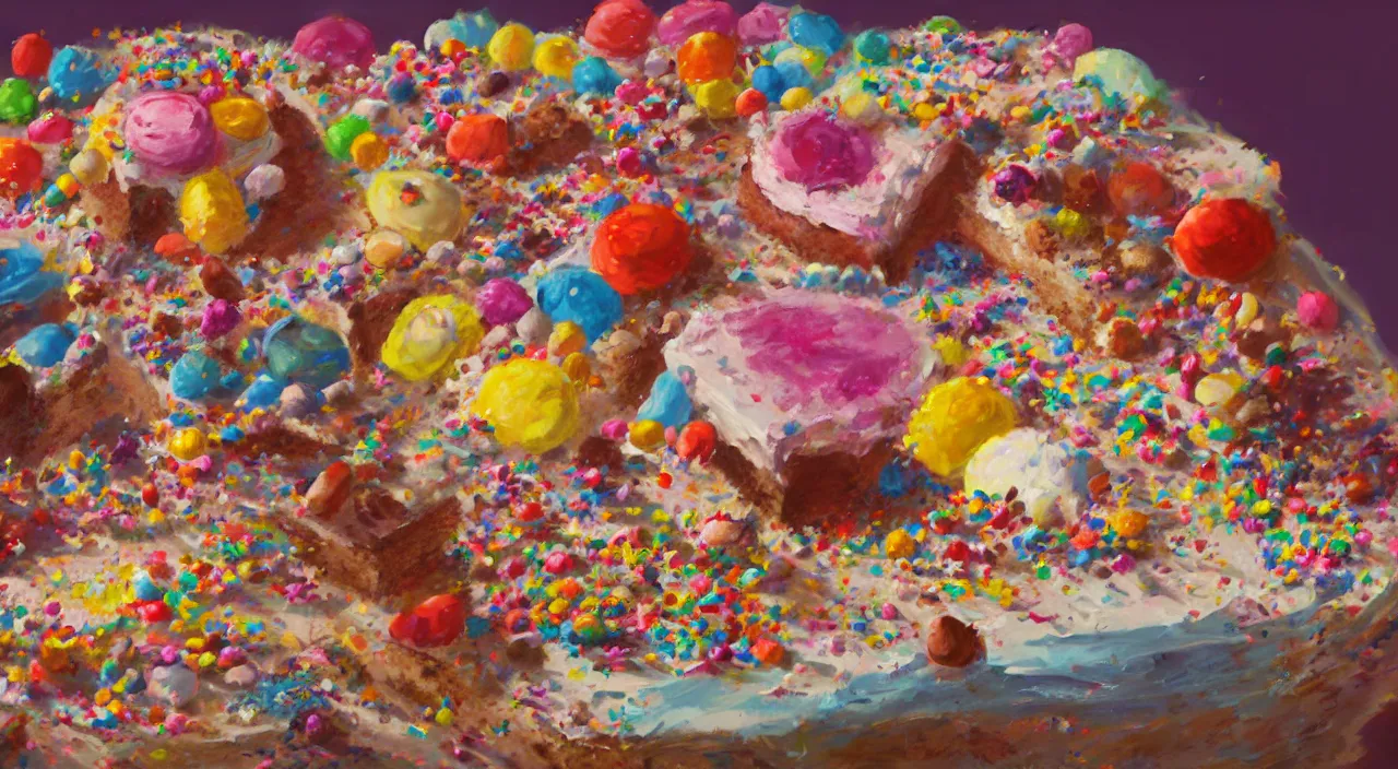 Image similar to a colorful digital painting of a cake with lots of sweets on it, by greg rutkowski and james gurney, trending on artstation