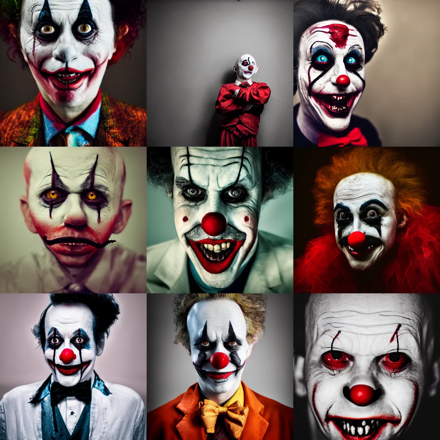 Prompt: fine art portrait photography of a creepy clown, filmic lut,