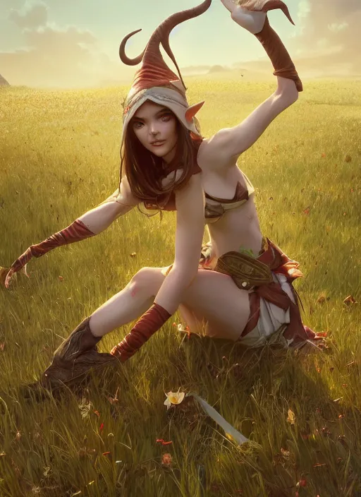 Image similar to A stunning elf female on a beutiful meadow, afternoon, art by Artgerm and Greg Rutkowski and Alphonse Mucha and miro manara, unreal 5, DAZ, hyperrealistic, octane render, RPG portrait, ambient light, dynamic lighting