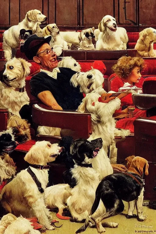 Prompt: ten dogs watching a movie at movie theater eating popcorn painted by norman rockwell