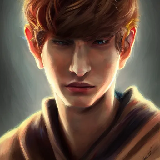 Image similar to realistic portrait, 25 years old man :: athletic fantasy mage :: green eyes, shoulder long brown hair :: wearing a brown robe :: high detail, digital art, RPG, concept art, illustration