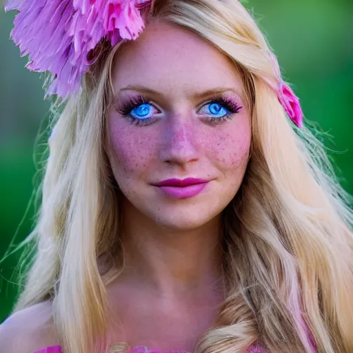 Image similar to close up headshot of a princess with long blonde hair and blue eyes wearing a strapless elaborately beaded pink dress, high resolution film still, 8k, HDR color, film by Simon Langton and David Frankel, triangular face, freckles, round narrow chin, straight jawline