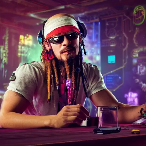 Image similar to high quality portrait of a pirate with four arms in a cyberpunk cyberpunk cyberpunk cafe, realism, 8k, award winning photo