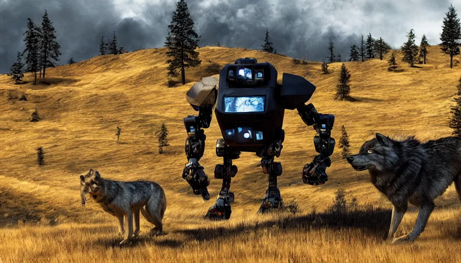 Prompt: Gigant robot chasing wolves in background on the hills