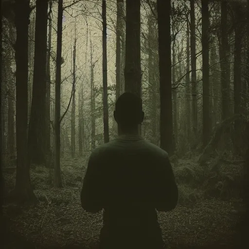 Prompt: square polaroid photo of a guy with standing in a dark fantasy forest, back view, lens flare, moody lighting, moody vibe, telephoto, 9 0 s vibe, blurry background, grain, tranquil, calm, faded!,