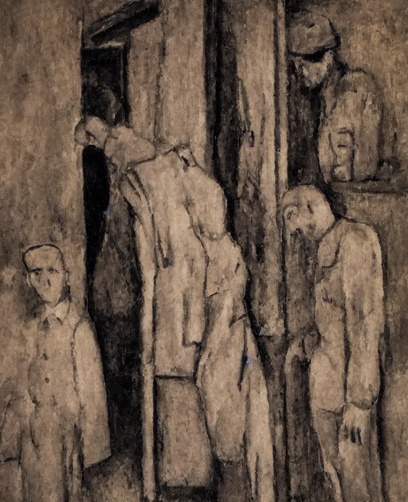 Image similar to realistic scene in auschwitz concentration camp with 1 jewish prisoner by modigliani, dark fantasy, highly detailed, high contrast, 4 k, trending on artstation, award - winning