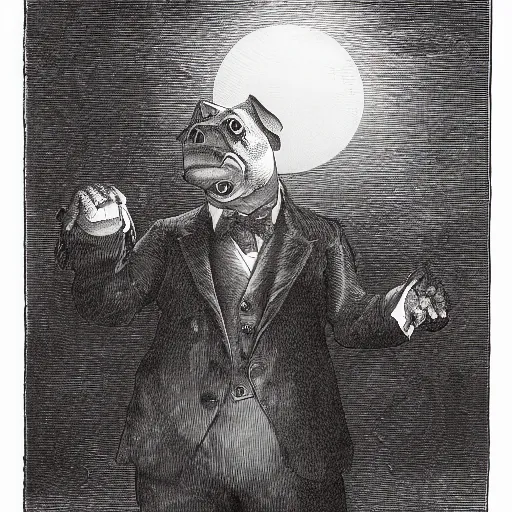 Image similar to closeup portrait of an evil pig in a tuxedo, dramatic lighting, farm background, moon, chiaroscuro, high detail, illustration by gustave dore