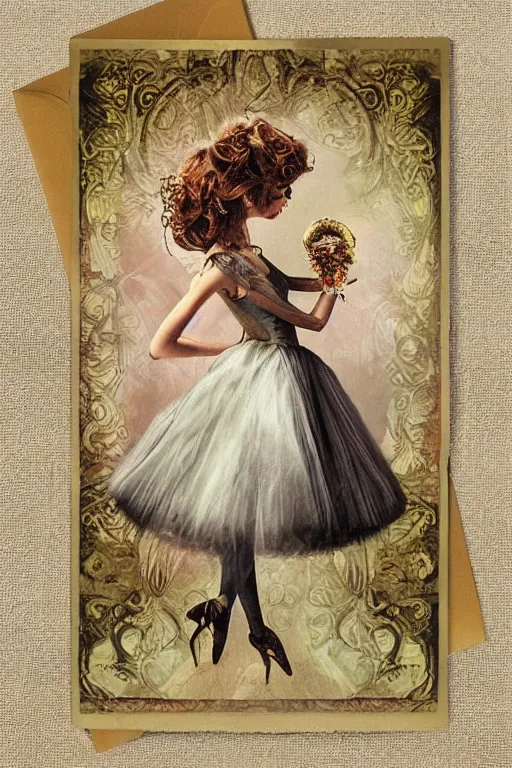 Image similar to beautiful digital oil vintage greeting card steampunk style ballerina key in back by Arthur Hughes