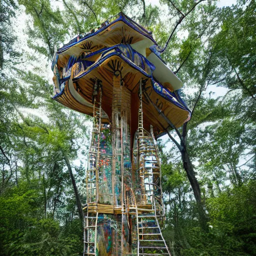 Prompt: exquisitely Intricate marble and opal treehouse, lucid, vivid, mystical, wide angle, high detail, 8k, justin totemical